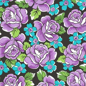 Purple Roses & Pink Floral on Black