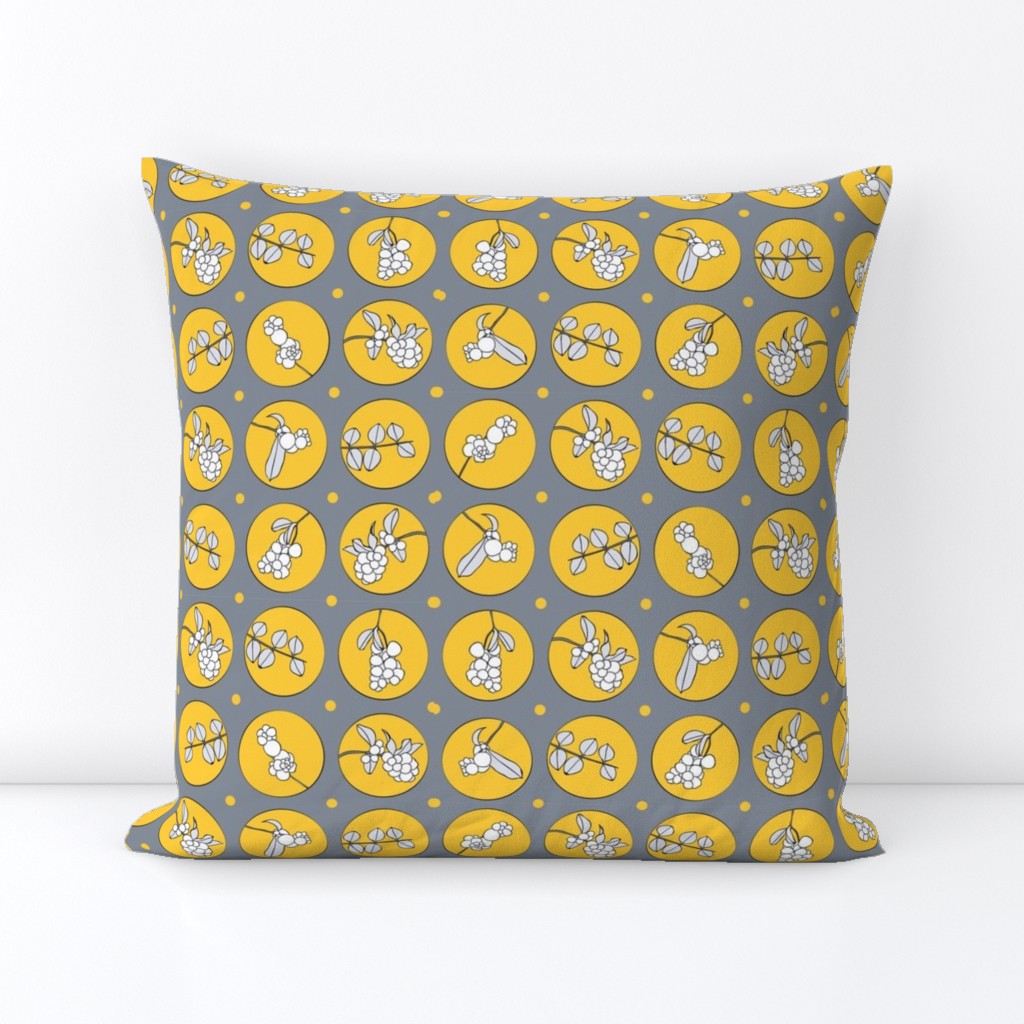 stylised snowberry branches in yellow circles on gray