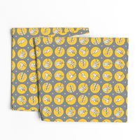 stylised snowberry branches in yellow circles on gray