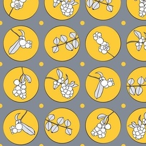 stylised snowberry branches in yellow circles on gray