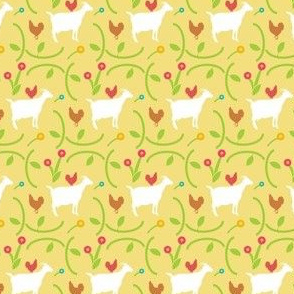 Goats and Hens in a Field of Flowers on a Cornflower Butter Background