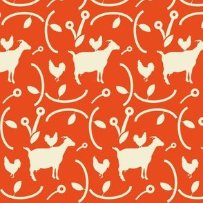 Goats and Other Barnyard Animals on a Red Background, Farmhouse Style , Chickens with  Modern Flowers