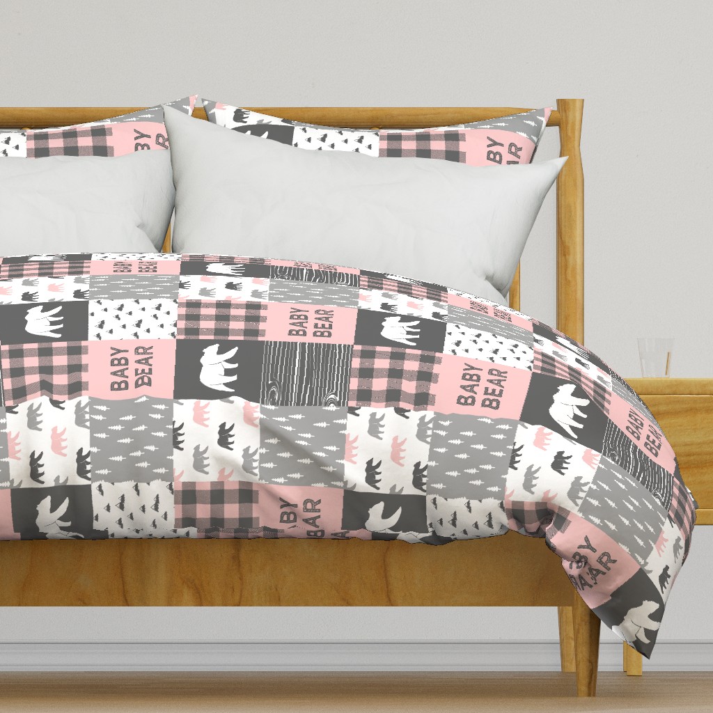 baby bear patchwork woodland wholecloth - pink and grey (90)