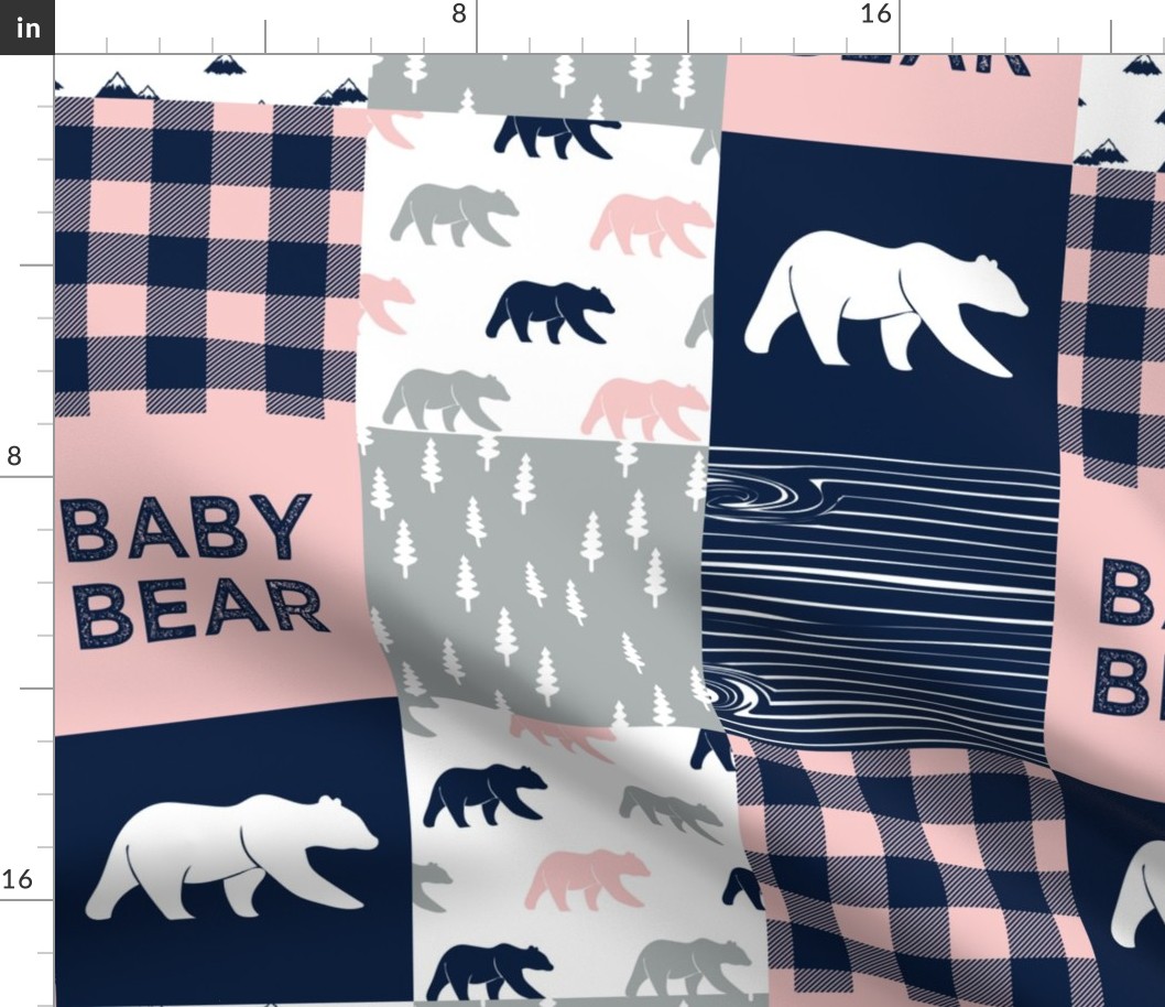 baby bear patchwork woodland wholecloth - pink and navy
