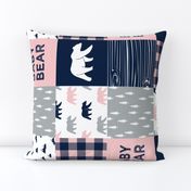 baby bear patchwork woodland wholecloth - pink and navy (90)