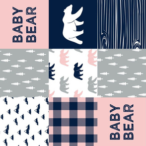 baby bear patchwork woodland wholecloth - pink and navy (90)