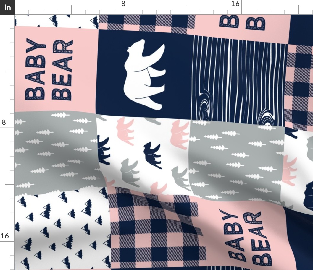 baby bear patchwork woodland wholecloth - pink and navy (90)