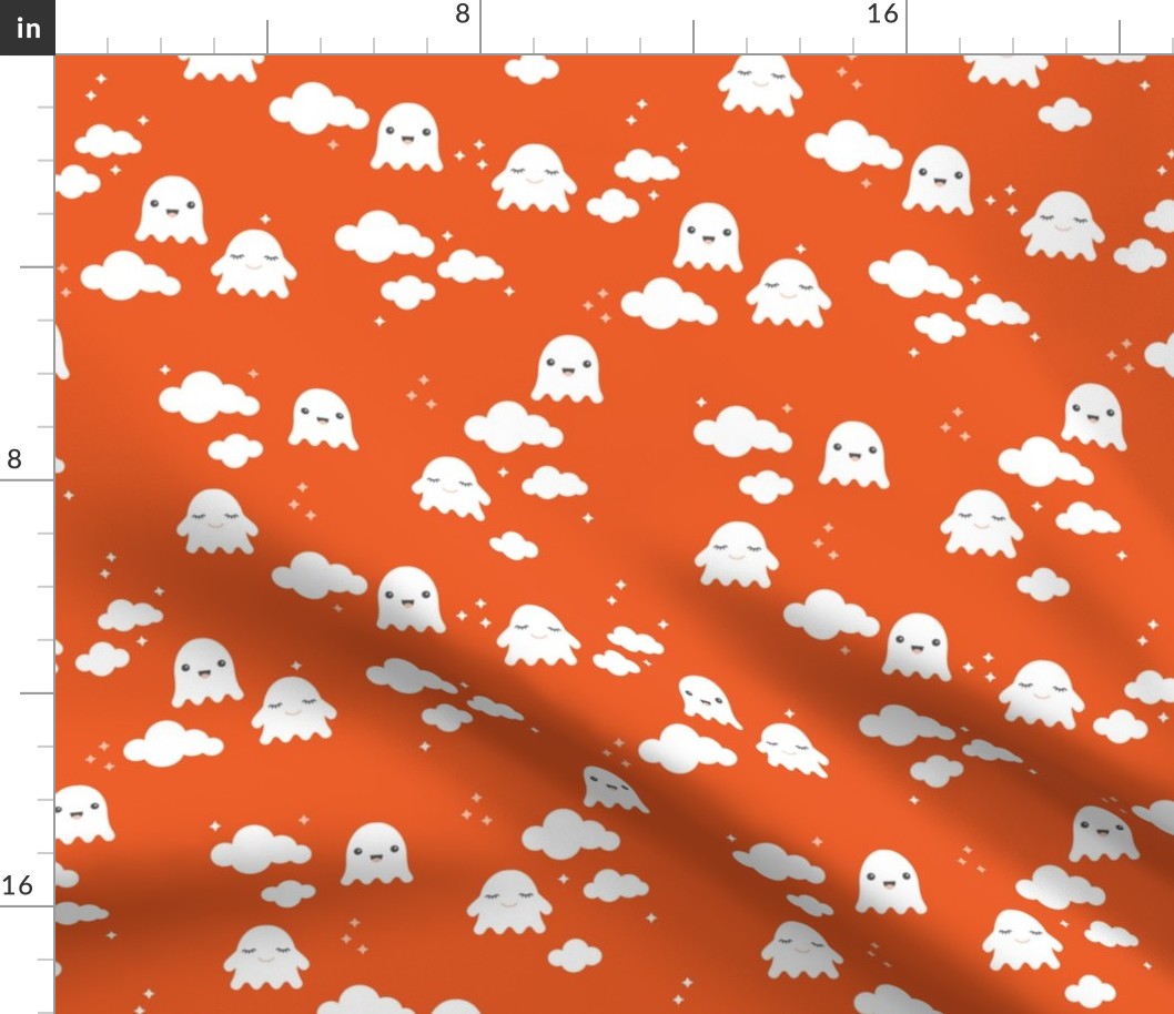 Ghosts and clouds halloween sky kawaii illustration design for sleepy kids orange