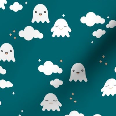 Ghosts and clouds halloween sky kawaii illustration design for sleepy kids blue