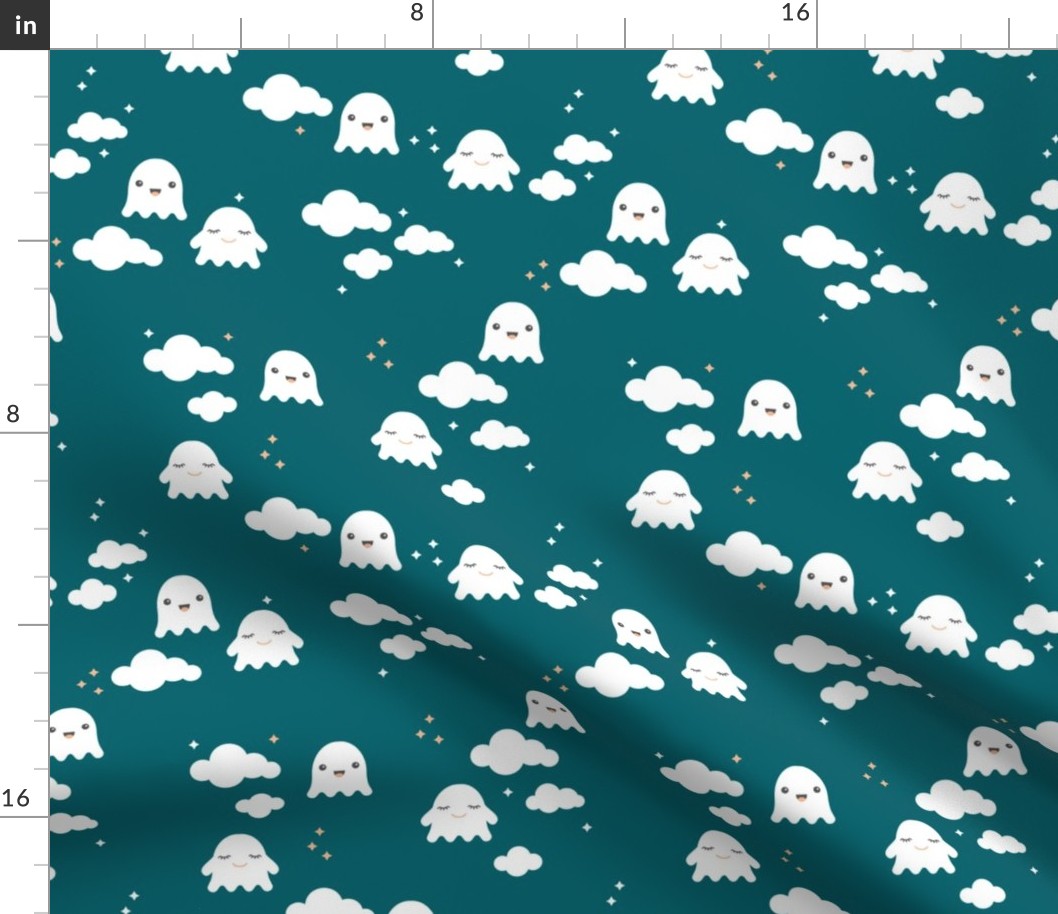 Ghosts and clouds halloween sky kawaii illustration design for sleepy kids blue