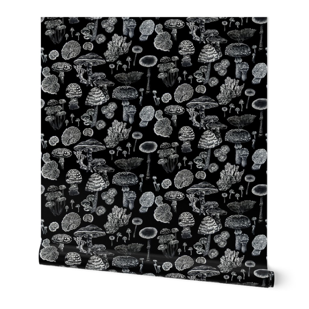 Mushrooms Black White Witchy Pattern