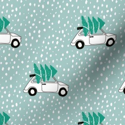 Driving home for Christmas Vintage Fiat 500 christmas tree winter snow wonderland green mint