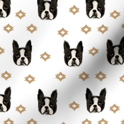 boston terriers dog fabric cute pet lover patterns boston terrier white gold