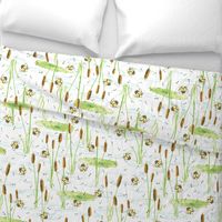 Pond with Bumble Bees, Lily pads and Cattails hand-drawn Watercolor on White,  kids, nursery, gender neutral baby, wallpaper