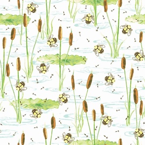 Pond with Bumble Bees, Lily pads and Cattails hand-drawn Watercolor on White,  kids, nursery, gender neutral baby, wallpaper