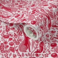 hare fabric// red rabbit linocut block print botanical autumn fall