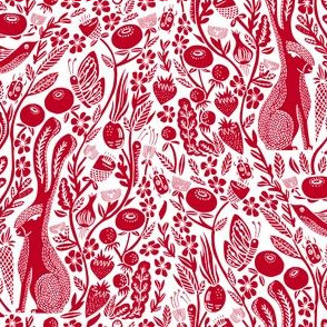 hare fabric// red rabbit linocut block print botanical autumn fall