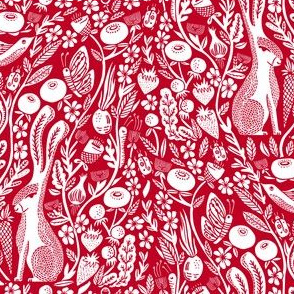 hare fabric// red rabbit linocut block print botanical autumn fall