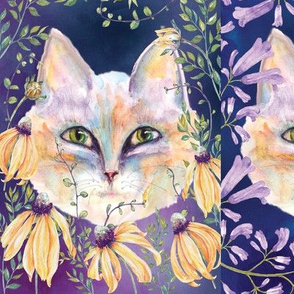 LARGE SIX PRETTY CATS 2 AMONG FLOWERS night CHECKERBOARD PANEL