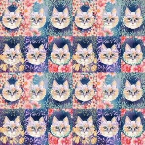 SMALL SIX PRETTY CATS 2 AMONG FLOWERS night CHECKERBOARD PANEL