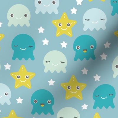 Kawaii Love under water ocean world with star fish squid and jelly fish boys