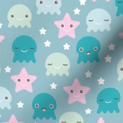 Kawaii Love under water ocean world with star fish squid and jelly fish girls