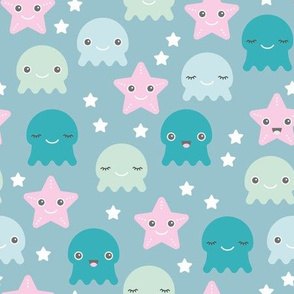 Kawaii Love under water ocean world with star fish squid and jelly fish girls