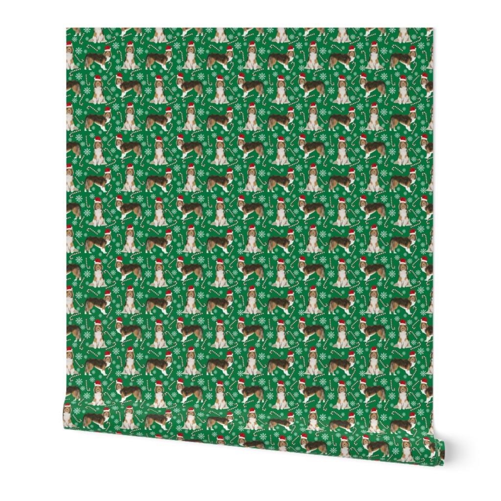 sheltie candy cane fabric shetland sheepdog christmas holiday dog fabric - green