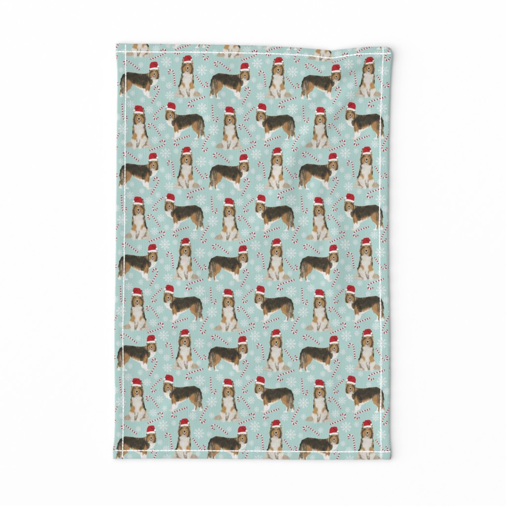 sheltie candy cane fabric shetland sheepdog christmas holiday dog fabric - light blue