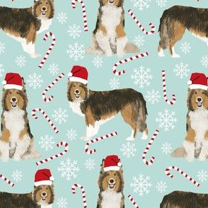 sheltie candy cane fabric shetland sheepdog christmas holiday dog fabric - light blue