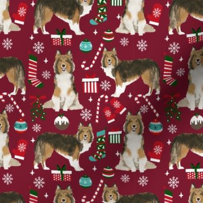 sheltie christmas fabric xmas holiday shetland sheepdog design - ruby red