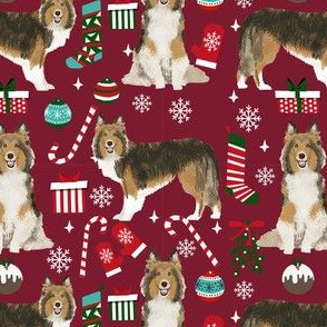 sheltie christmas fabric xmas holiday shetland sheepdog design - ruby red