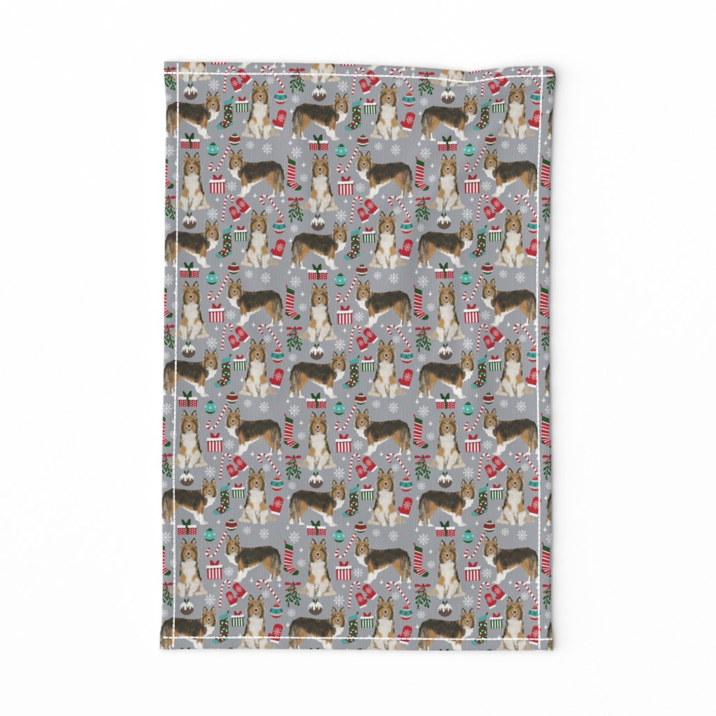 sheltie christmas fabric xmas holiday shetland sheepdog design -grey