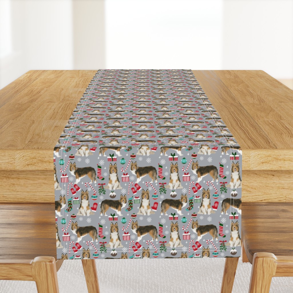 sheltie christmas fabric xmas holiday shetland sheepdog design -grey