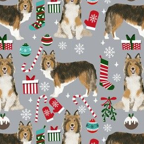 sheltie christmas fabric xmas holiday shetland sheepdog design -grey