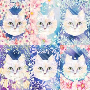 MEDIUM SIX PRETTY CATS 2 AMONG FLOWERS WINTER SNOW CHECKERBOARD PANEL