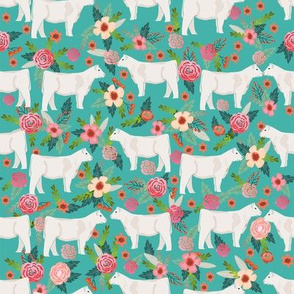 charolais cattle fabric cows florals farm fabric - turquoise