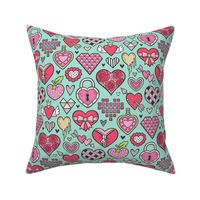 Hearts Doodle Valentine Love Red & Pink on Mint Green