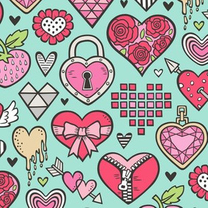 Hearts Doodle Valentine Love Red & Pink on Mint Green