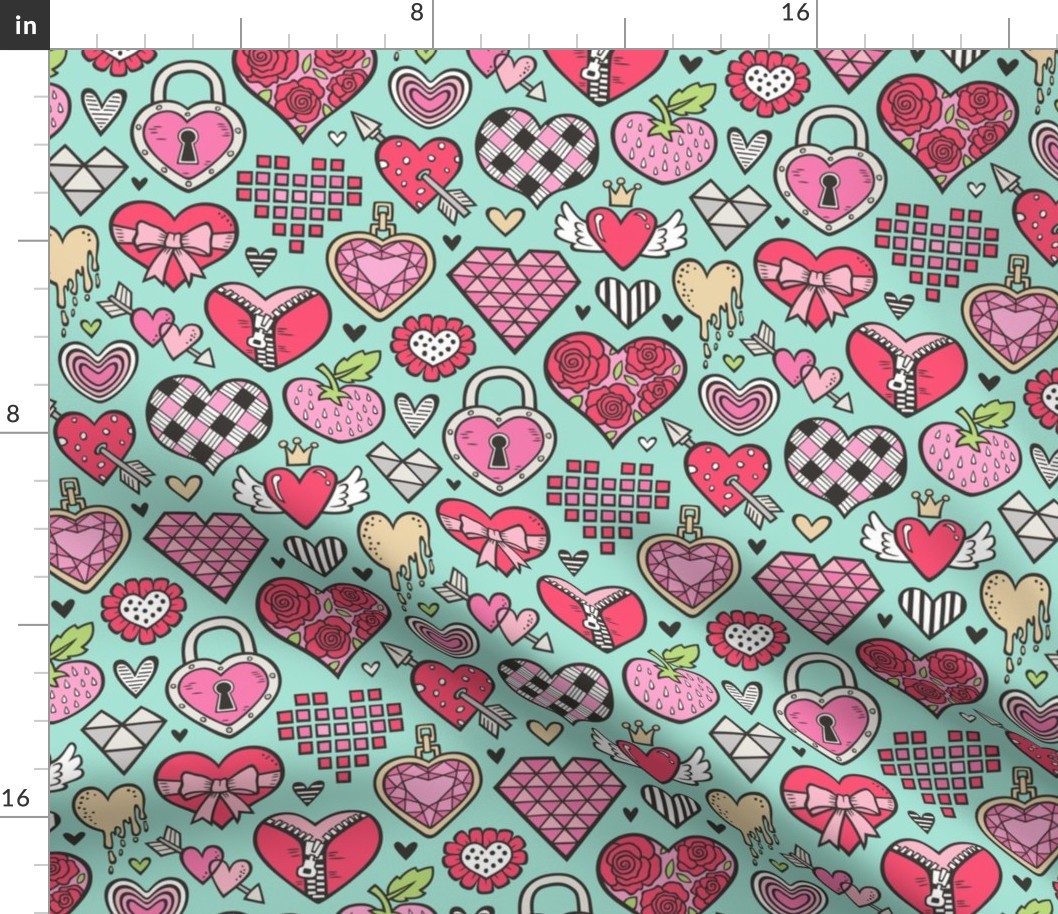 Hearts Doodle Valentine Love Red & Pink on Mint Green