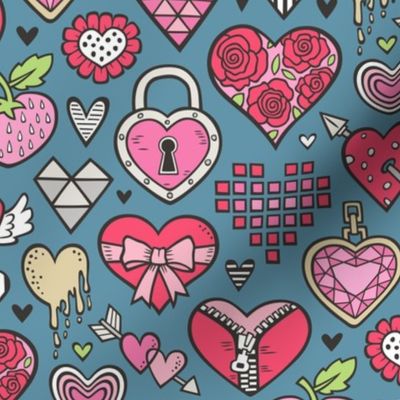 Hearts Doodle Valentine Love Red & Pink on Dark Blue Navy