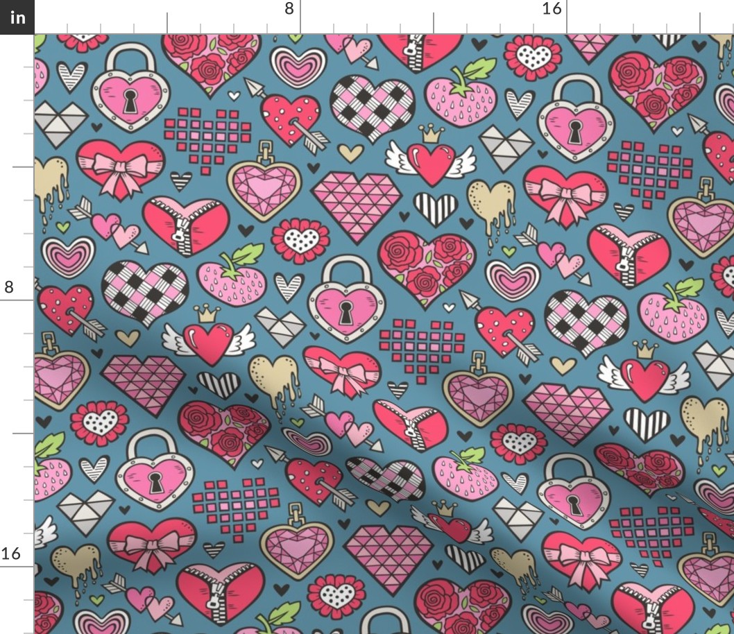 Hearts Doodle Valentine Love Red & Pink on Dark Blue Navy