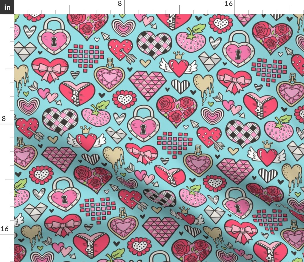 Hearts Doodle Valentine Love Red & Pink on Blue