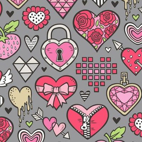 Hearts Doodle Valentine Love Red & Pink on Dark Grey
