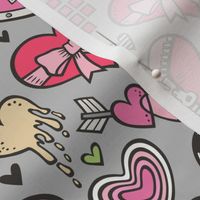 Hearts Doodle Valentine Love Red & Pink on Grey