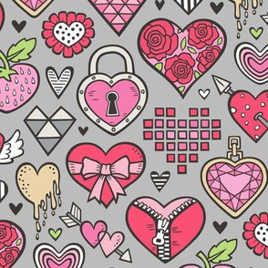 Hearts Doodle Valentine Love Red & Pink on Grey