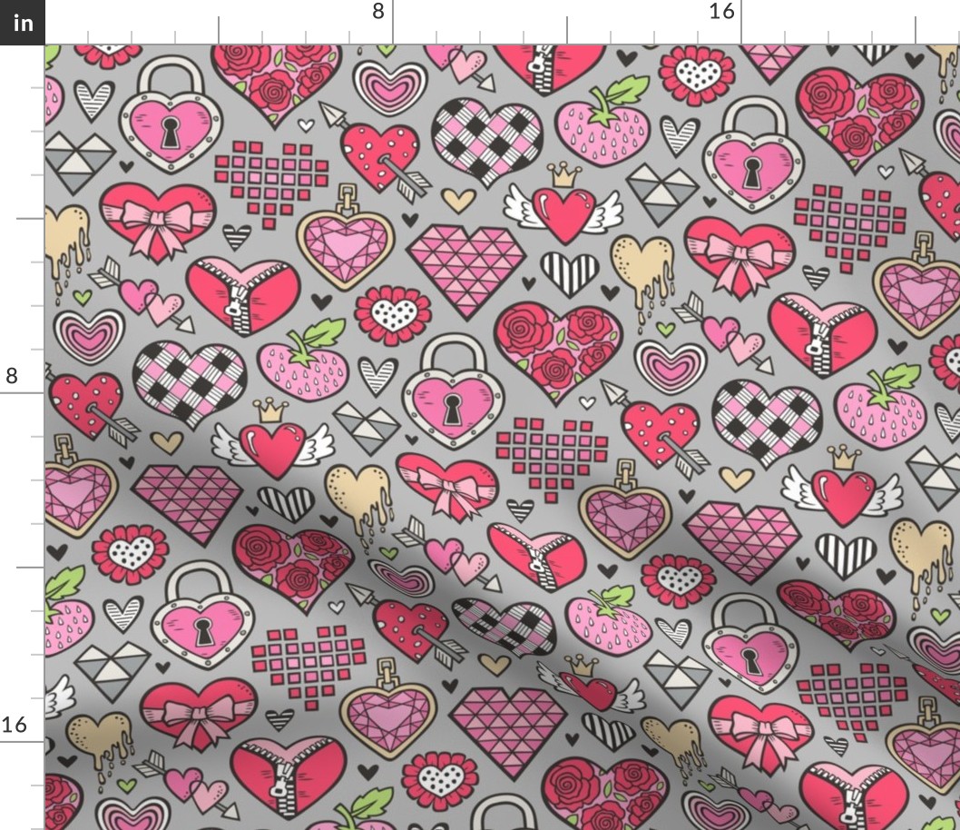 Hearts Doodle Valentine Love Red & Pink on Grey
