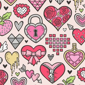 Hearts Doodle Valentine Love Red & Pink on Peach