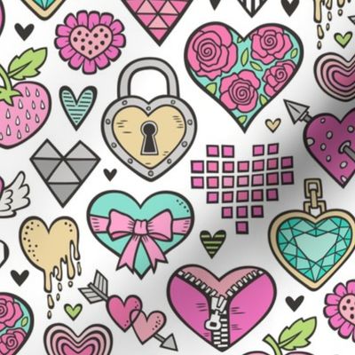 Hearts Doodle Valentine Love Pink & Mint Green Yellow