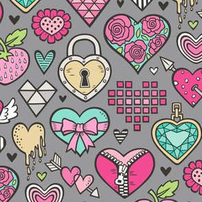 Hearts Doodle Valentine Love Pink & Mint Green Yellow on Dark Grey